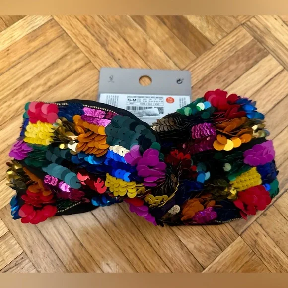 NWT Zara Collection sequin turban headband rainbow multicolor headwrap knot boho - Picture 4 of 5